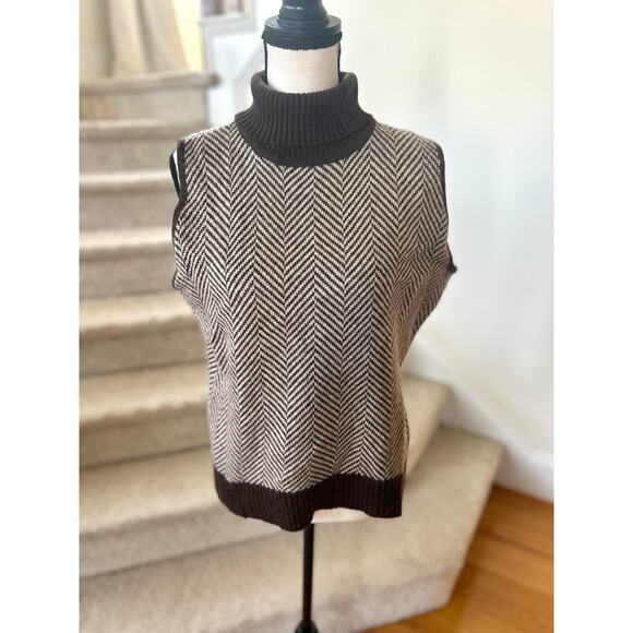 Vintage Wool Angora Brown Herringbone Sleeveless Turtleneck Sweater - Picture 1 of 5